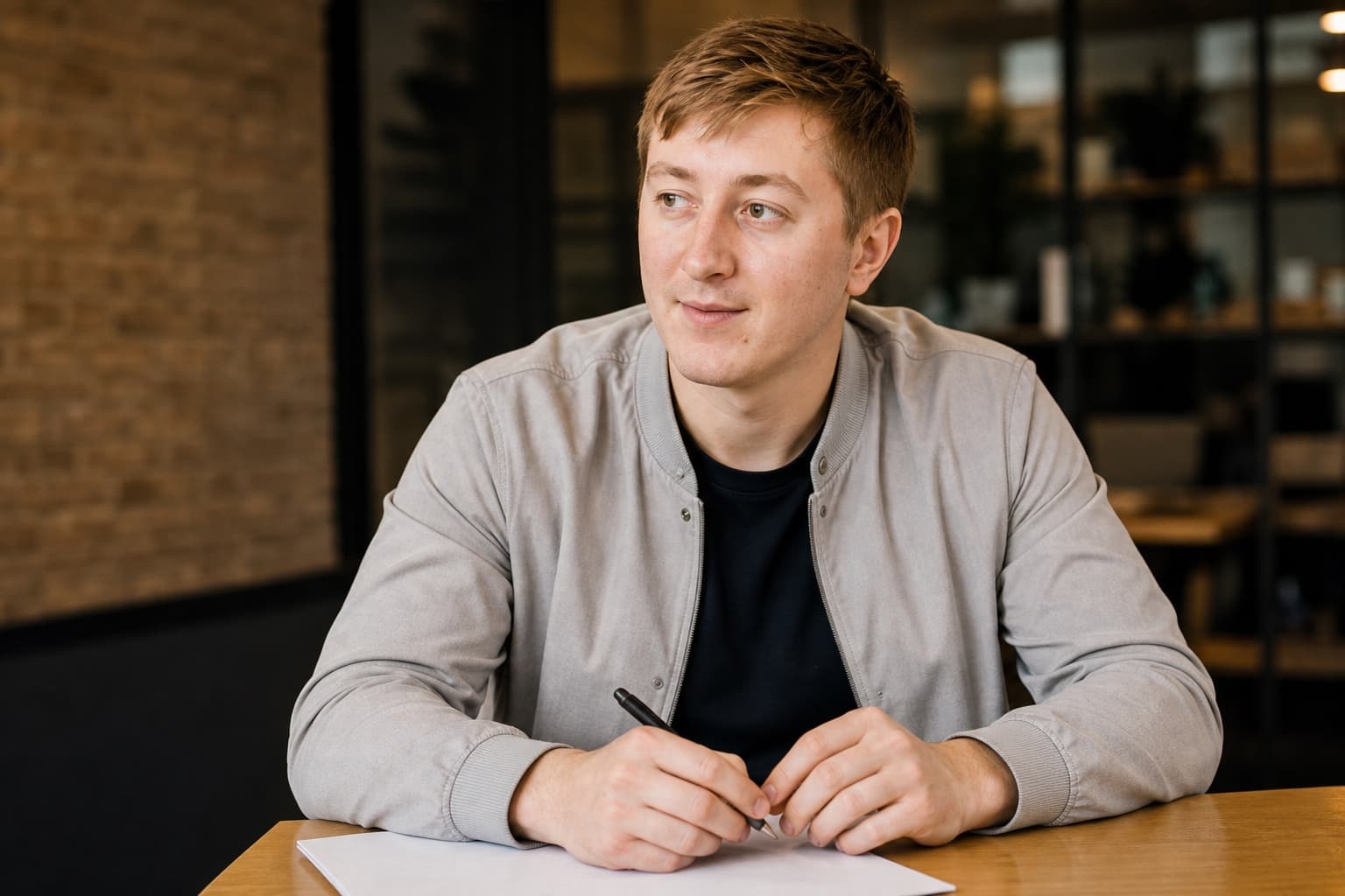Moritz Zinecker writing at a table in a work setting